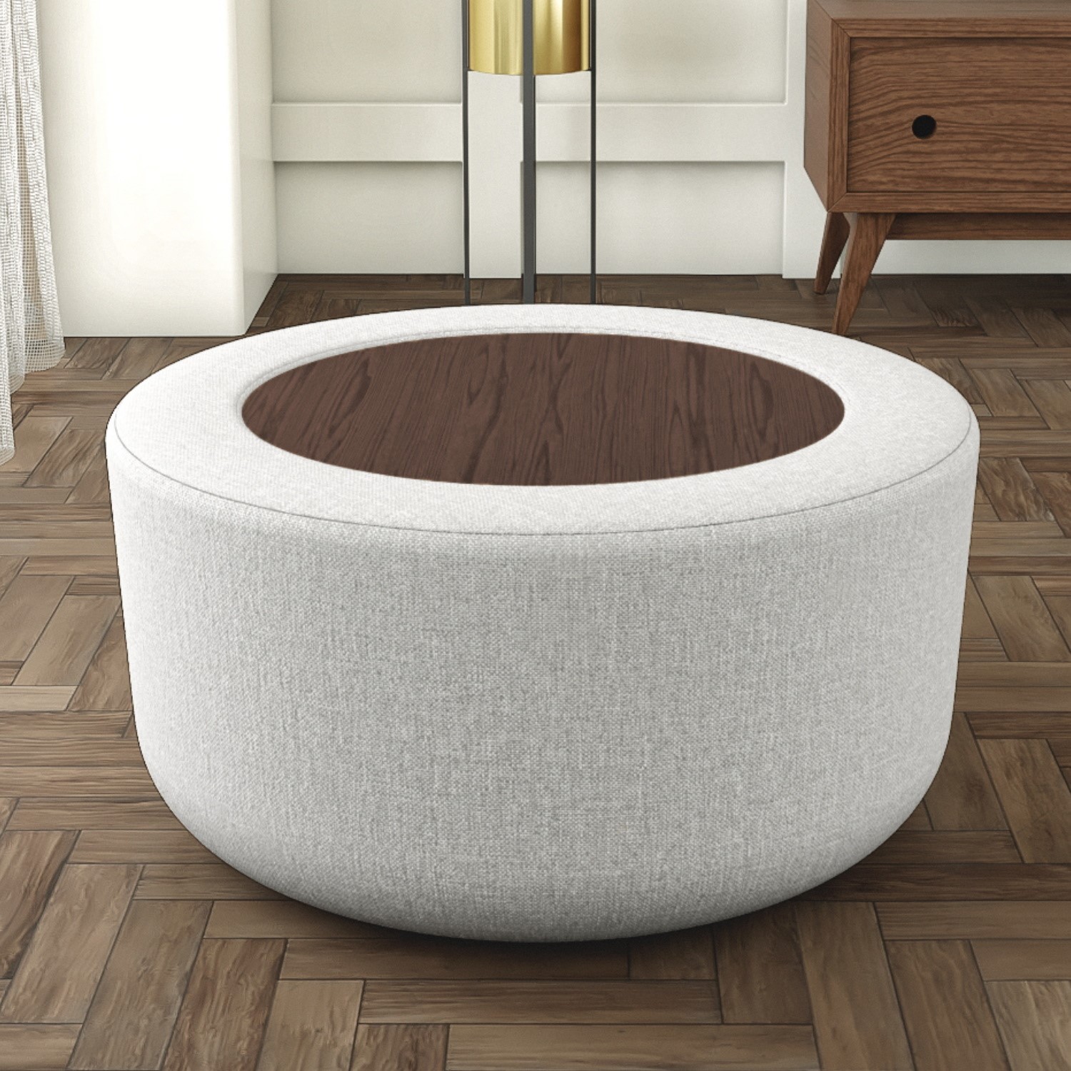 Read more about Large round grey upholstered coffee table with storage clio